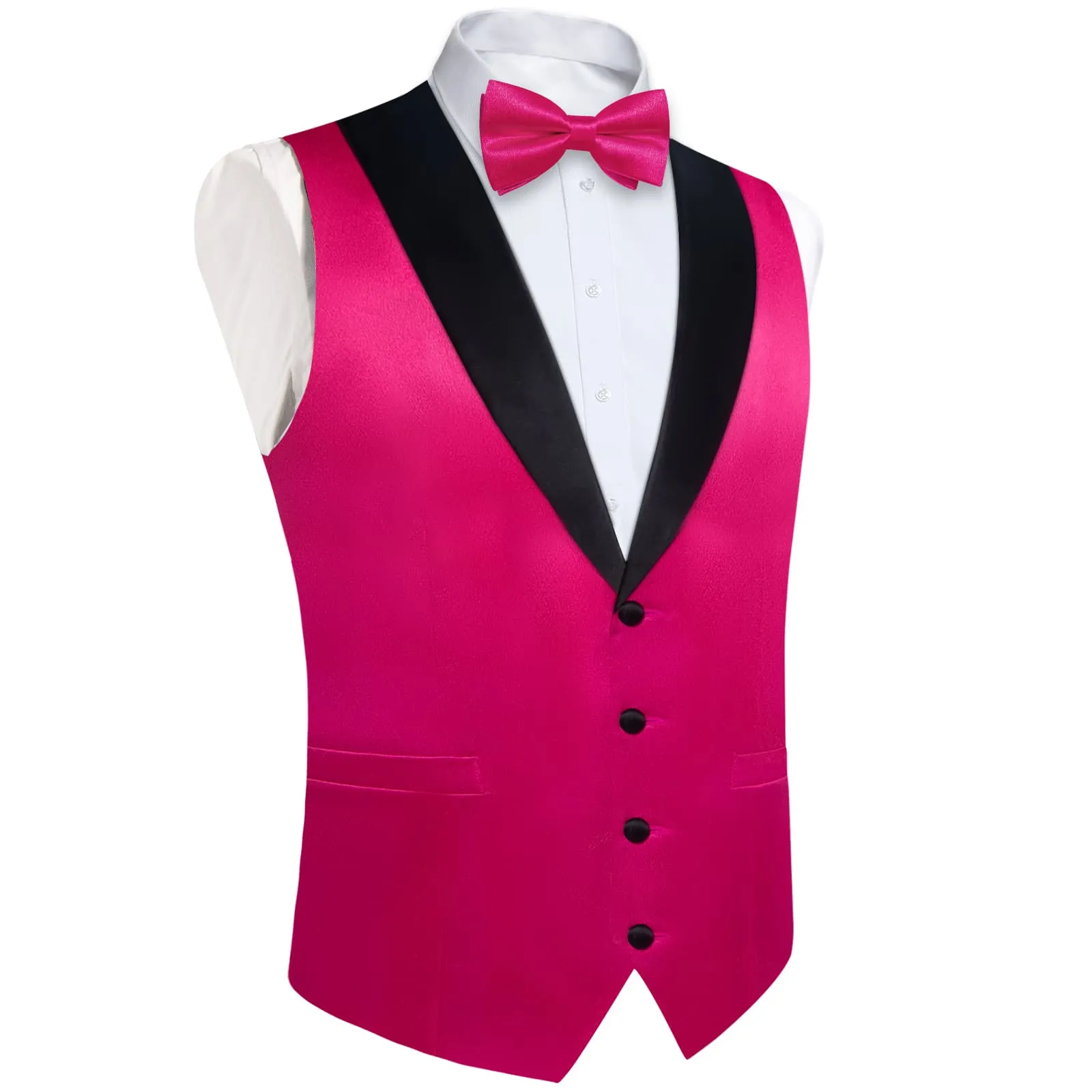 DiBanGu Tuxedo Vest Raspberry Pink Solid Silk Mens Work Dress Button Vest and Bow Tie Set