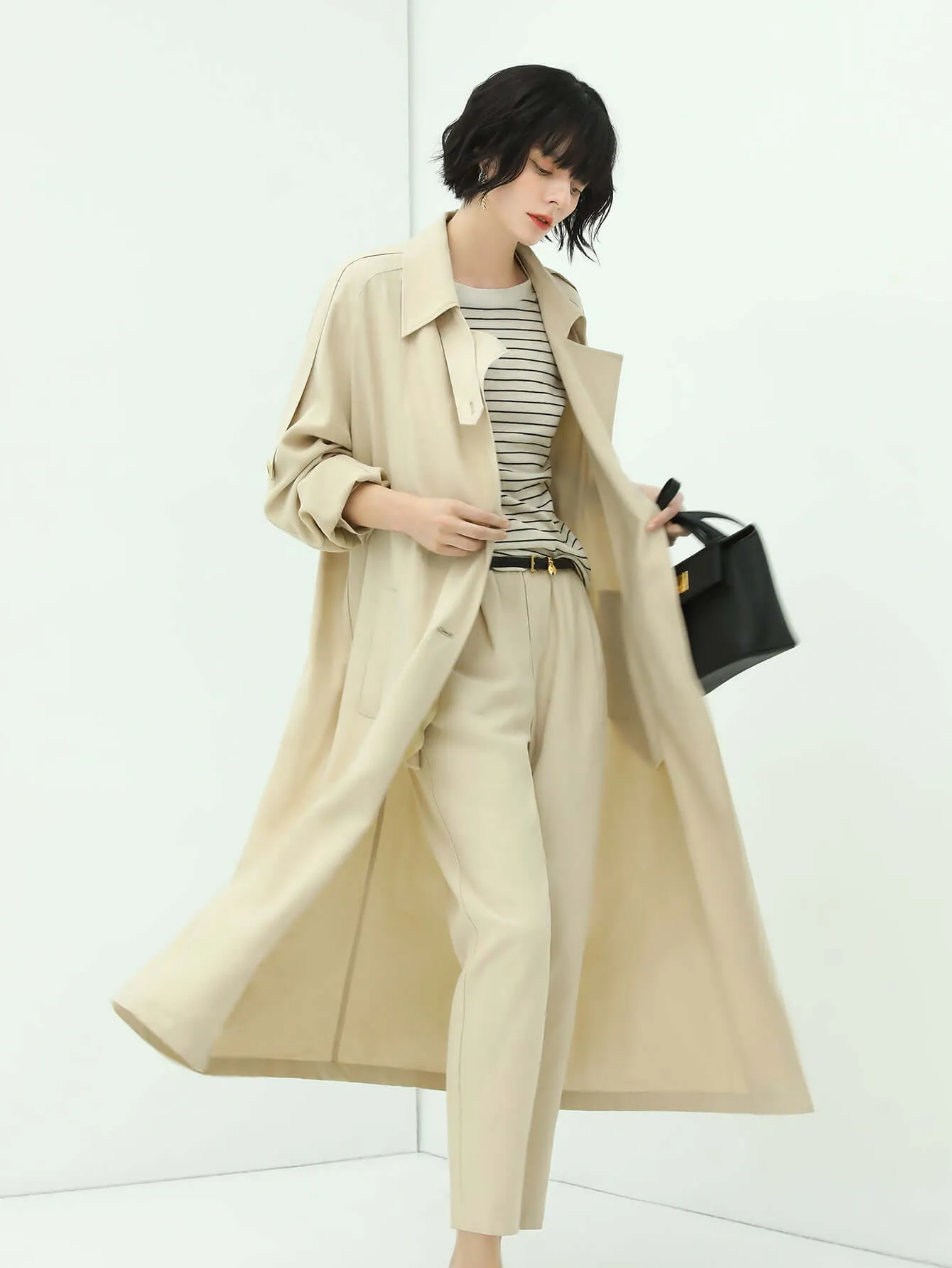 Double Breasted Mid-Length Military Style Beige Trench Coat