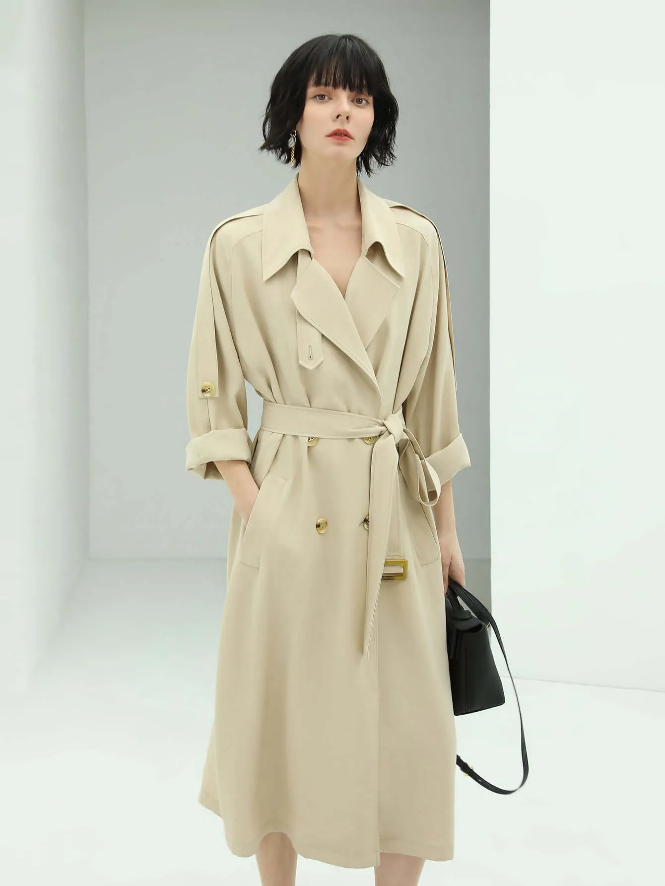 Double Breasted Mid-Length Military Style Beige Trench Coat