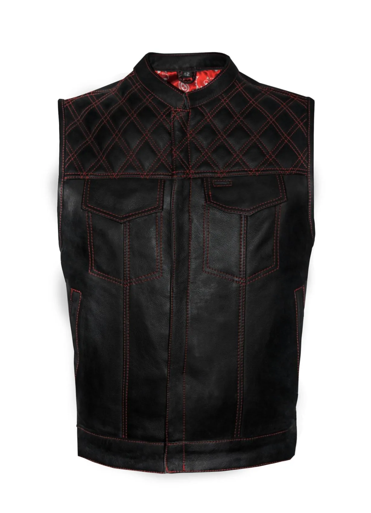 Dream Apparel Men's Leather Club Vest Red Thread, Red Paisley Lining, Zipper Front, Diamond Padding