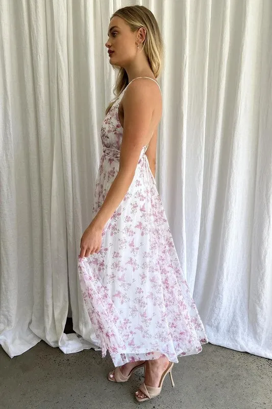 Fiona Floral Printed Plunging Neck Tulle Maxi Dress