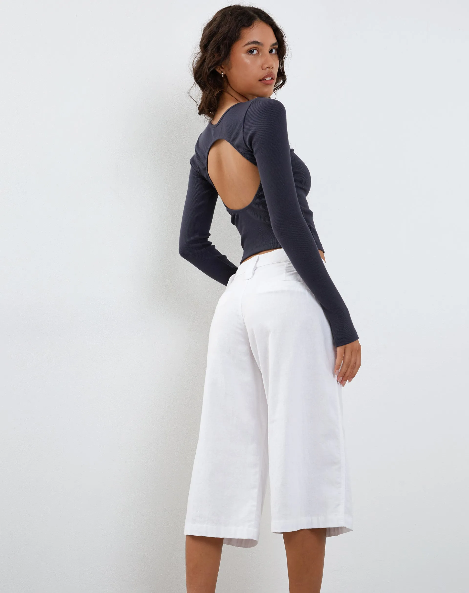 Gelbon Open Back Long Sleeve Top in Ribbed Ocean Storm