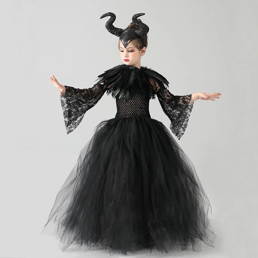 Girl Princess Dress New Halloween Cosplay Performance Costume Mesh Lace Elegant Girl Black Evening Dress Accessory Set