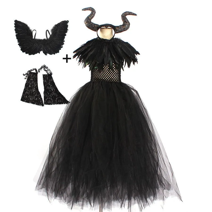 Girl Princess Dress New Halloween Cosplay Performance Costume Mesh Lace Elegant Girl Black Evening Dress Accessory Set