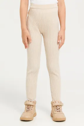 Girls Beige Cable Knit Leggings