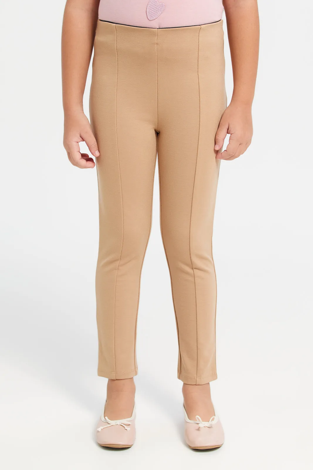 Girls Beige Paneled Leggings