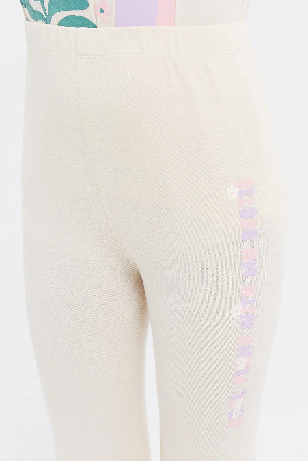 Girls Beige Placement Print Leggings