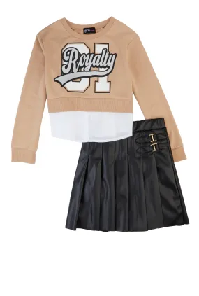 Girls Royalty Layered Hem Sweatshirt and Pleated Skirt