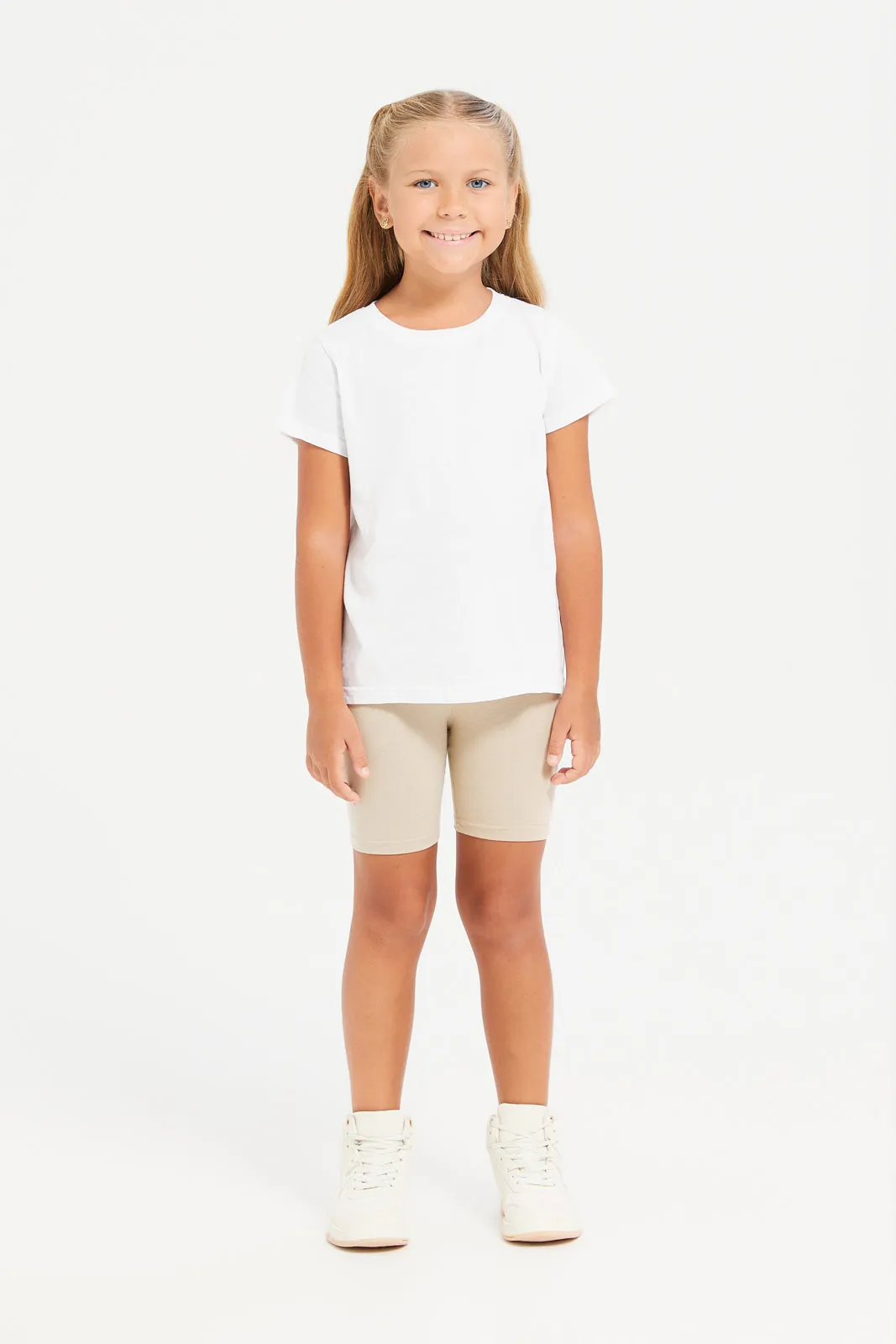 Girls White And Beige Cycle Short Set (Pack of 2)