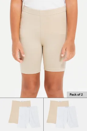 Girls White And Beige Cycle Short Set (Pack of 2)