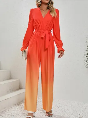 Gradient Tie Front Flounce Sleeve Jumpsuit