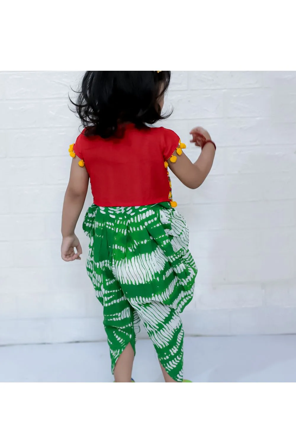 Green & Red Printed Dhoti Style Jumpsuit With Embroidered Shrug