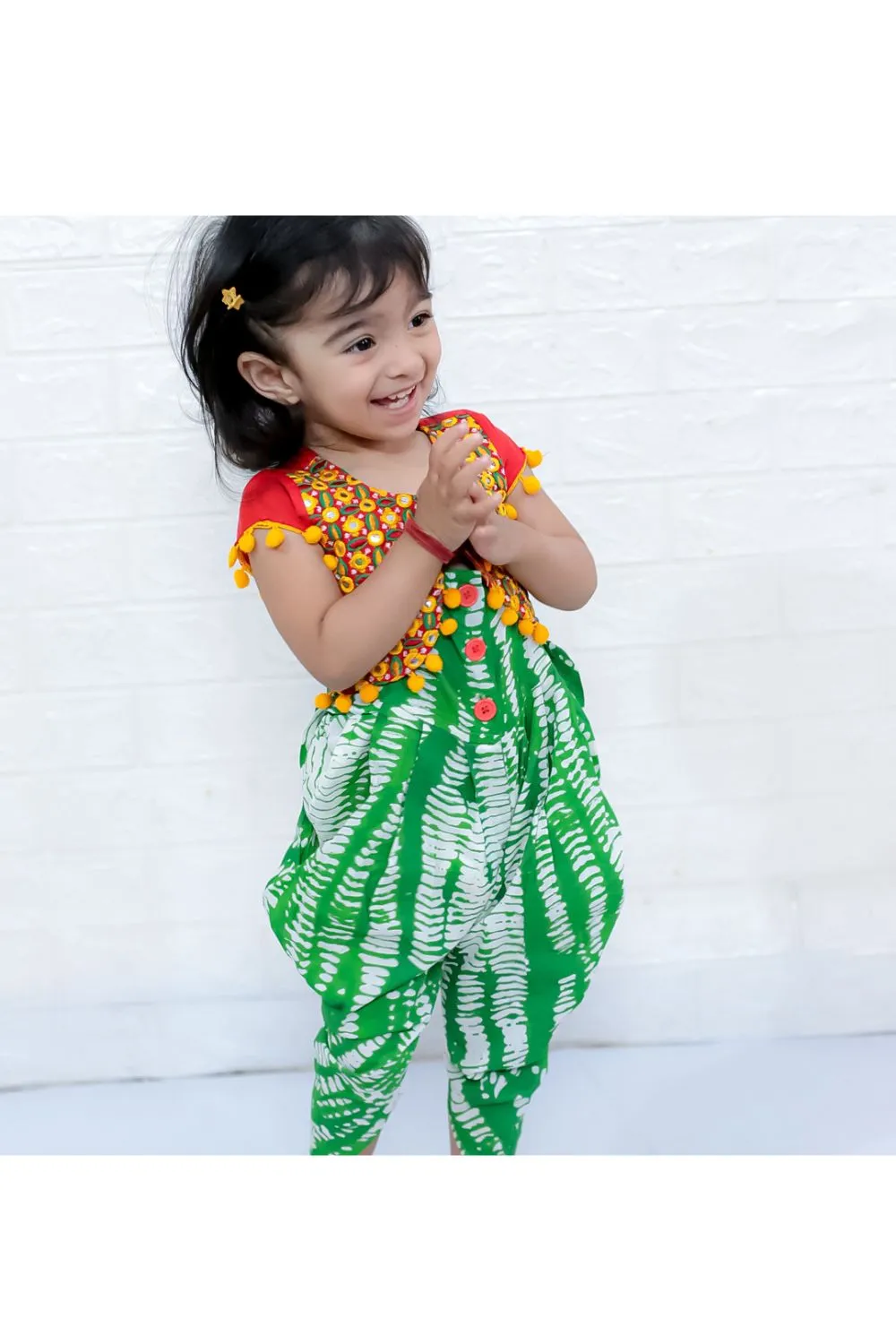 Green & Red Printed Dhoti Style Jumpsuit With Embroidered Shrug