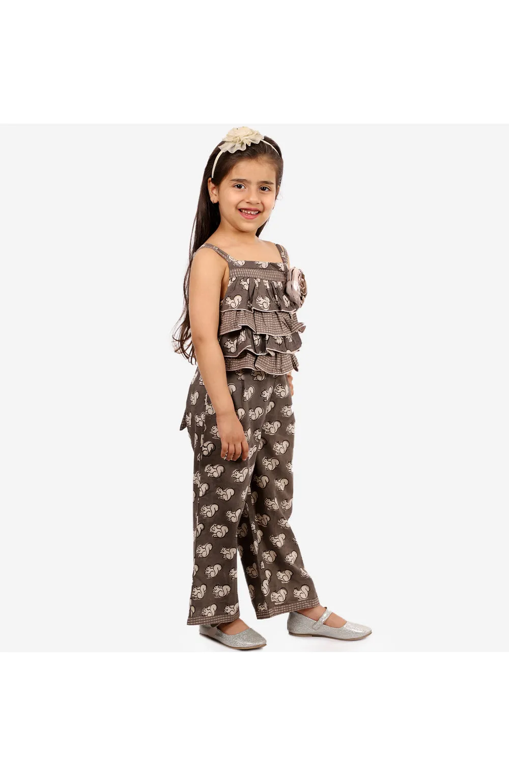 Grey squirrel printed frill detailed jumpsuit