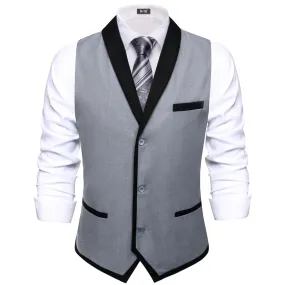 Hi-Tie Black Shawl Collar Grey Solid Waistcoat Formal Vests for Business