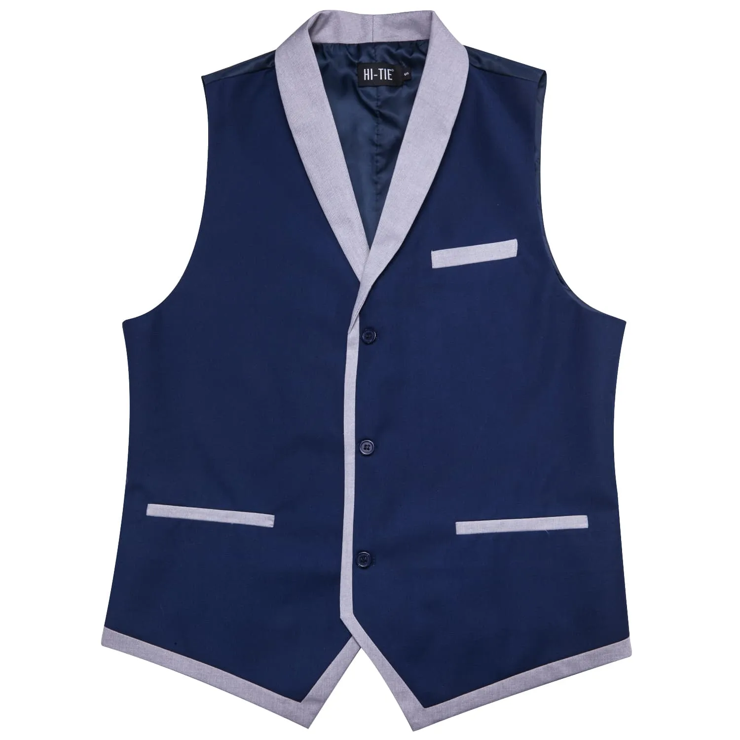 Hi-Tie LightGrey Shawl Collar Dark Blue Solid Waistcoat Formal Vests for Business