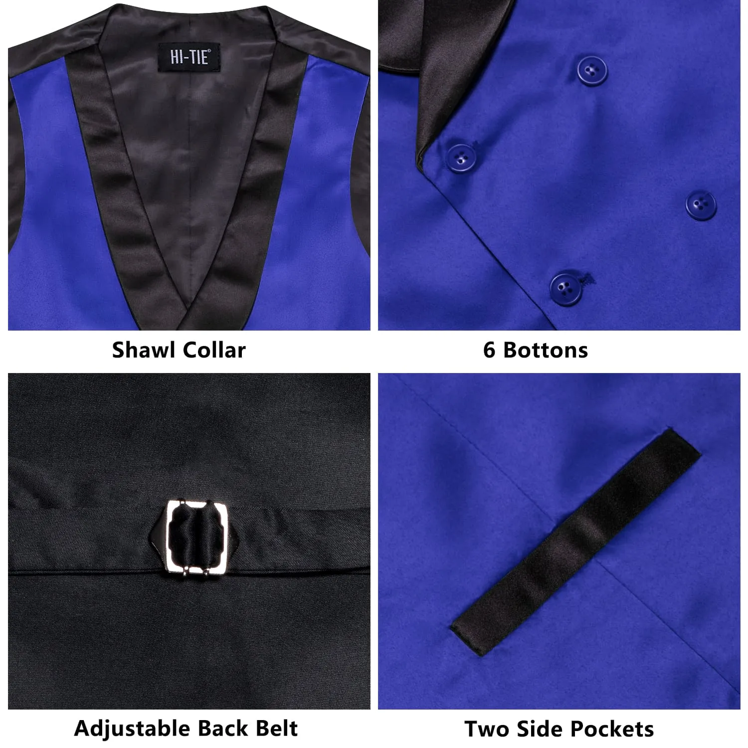 Hi-Tie Men Vest Klein Blue Double Breasted Black Shawl Lapel Waistcoat