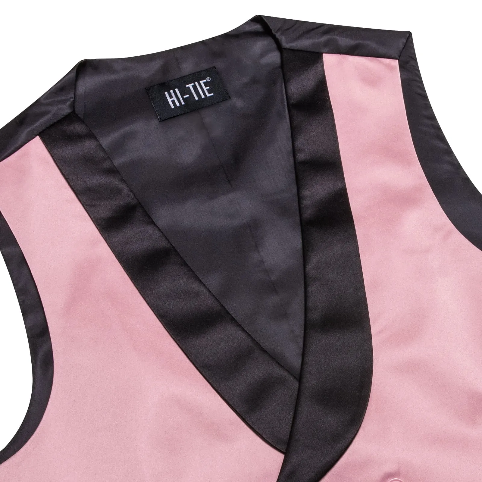 Hi-Tie Men's Vest Pink Double Breasted Black Shawl Lapel Waistcoat