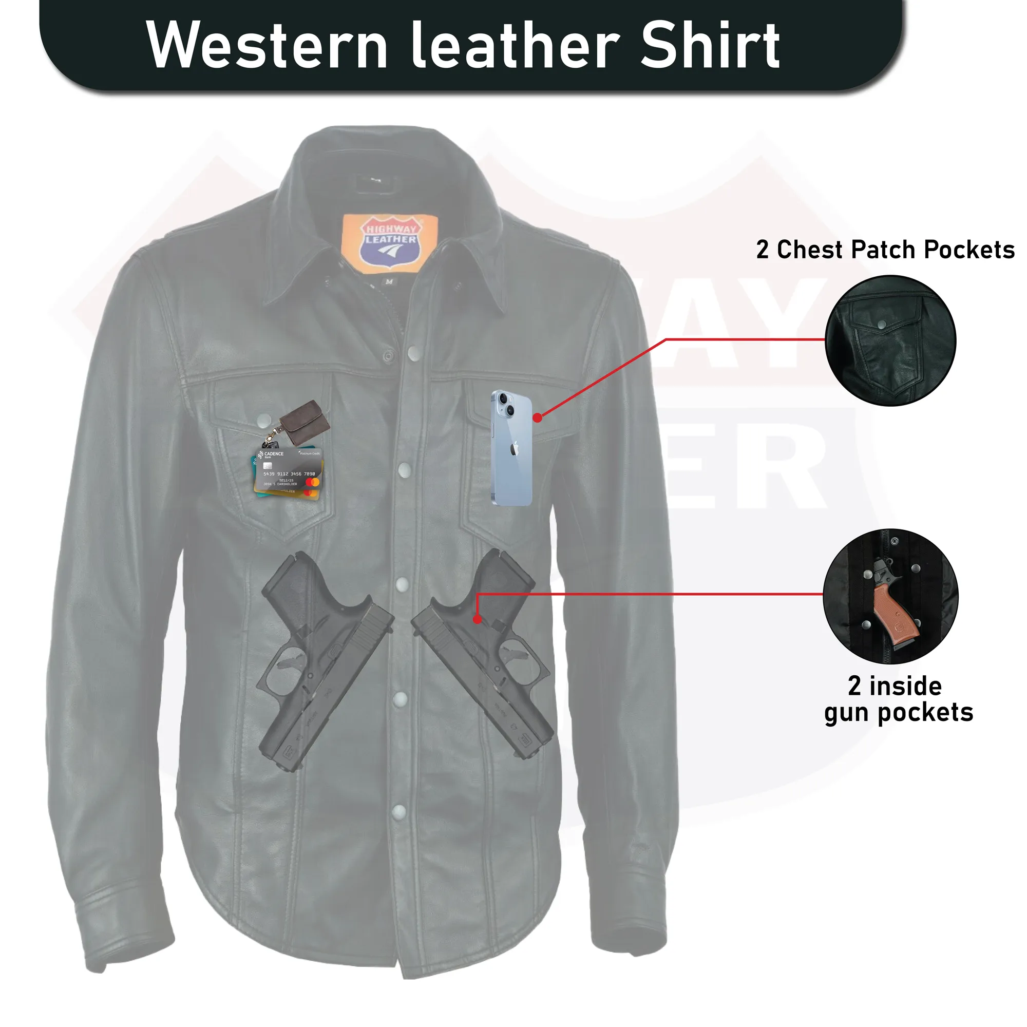 HL10403BLACK Leather motorcycle lightweight shirt - western biker club soft leather shirt