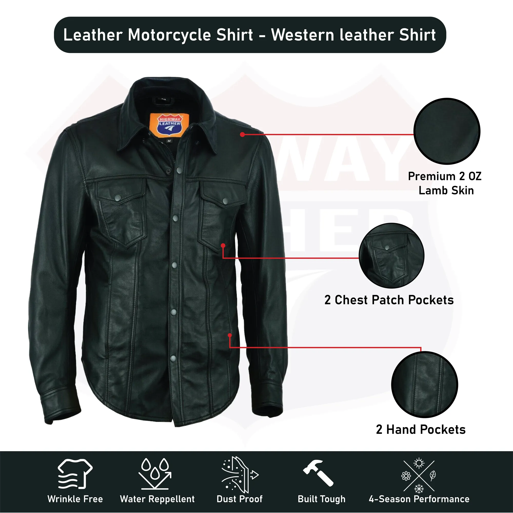 HL10403BLACK Leather motorcycle lightweight shirt - western biker club soft leather shirt