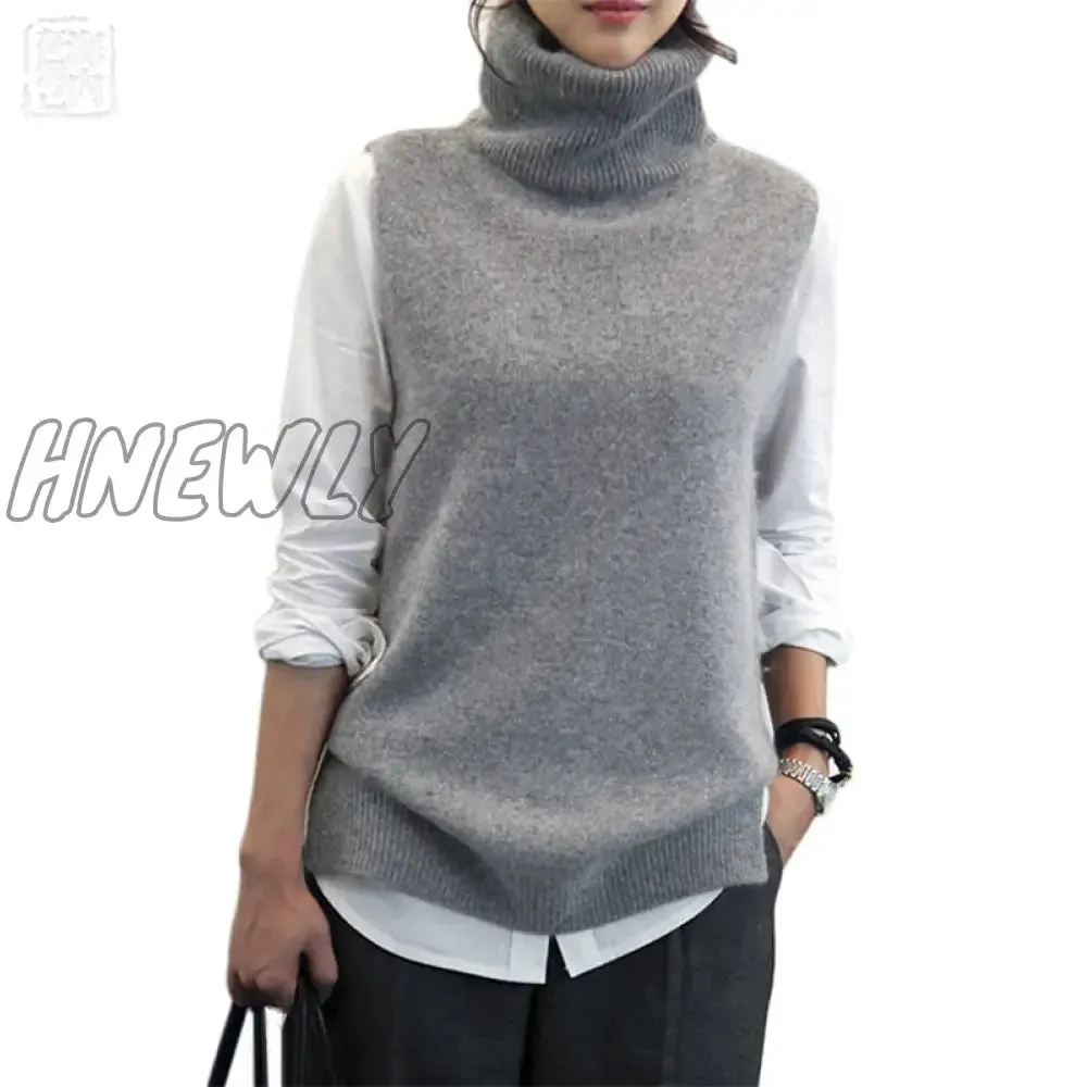 Hnewly Women's Knitted Angora Rabbit Cashmere Wool Turtleneck Vest Side Slit Winter Female Wool Sweater Sleeveless Waistcoat New Vogue