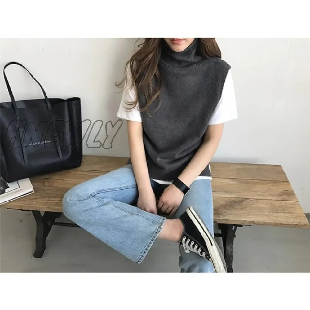 Hnewly Women's Knitted Angora Rabbit Cashmere Wool Turtleneck Vest Side Slit Winter Female Wool Sweater Sleeveless Waistcoat New Vogue