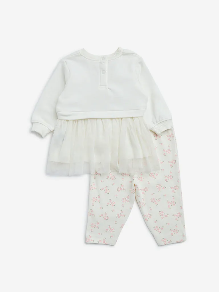 HOP Baby Off-White Floral Embroidered Cotton Blend Dress with Pants Set