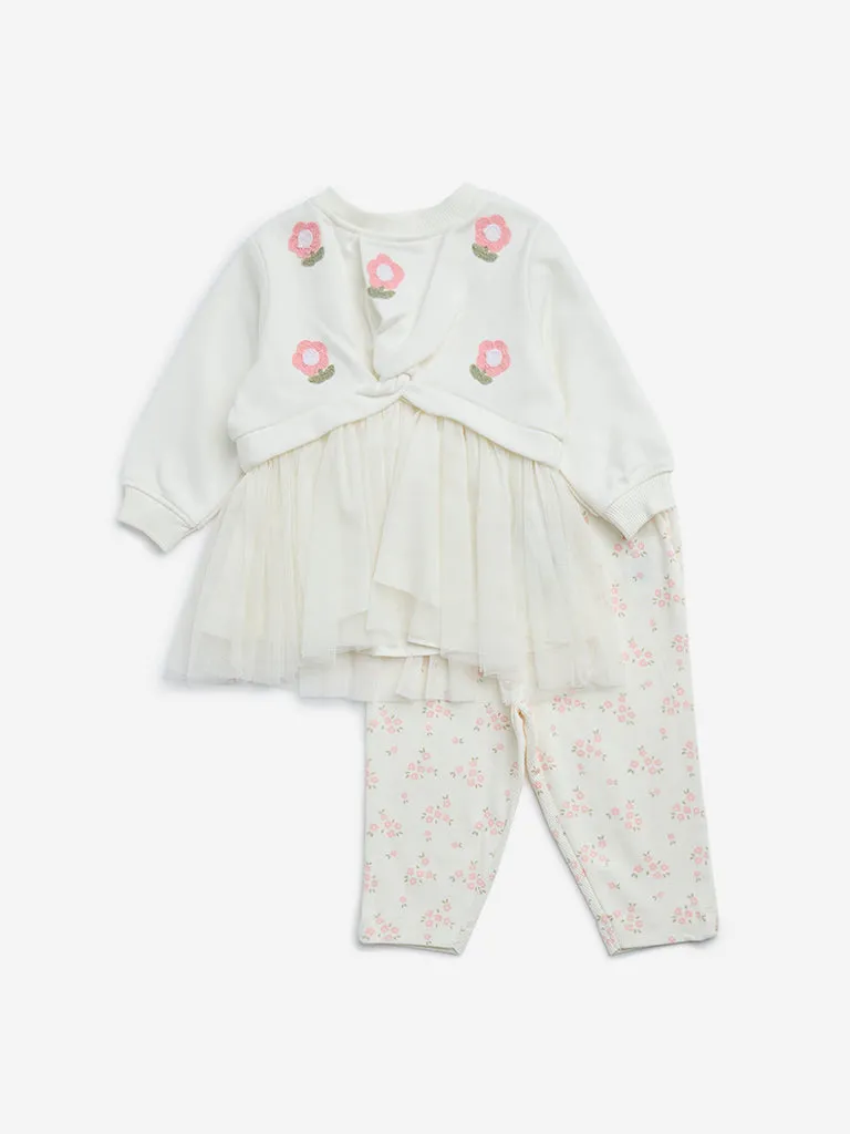 HOP Baby Off-White Floral Embroidered Cotton Blend Dress with Pants Set