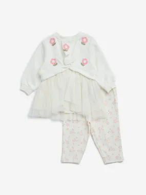 HOP Baby Off-White Floral Embroidered Cotton Blend Dress with Pants Set