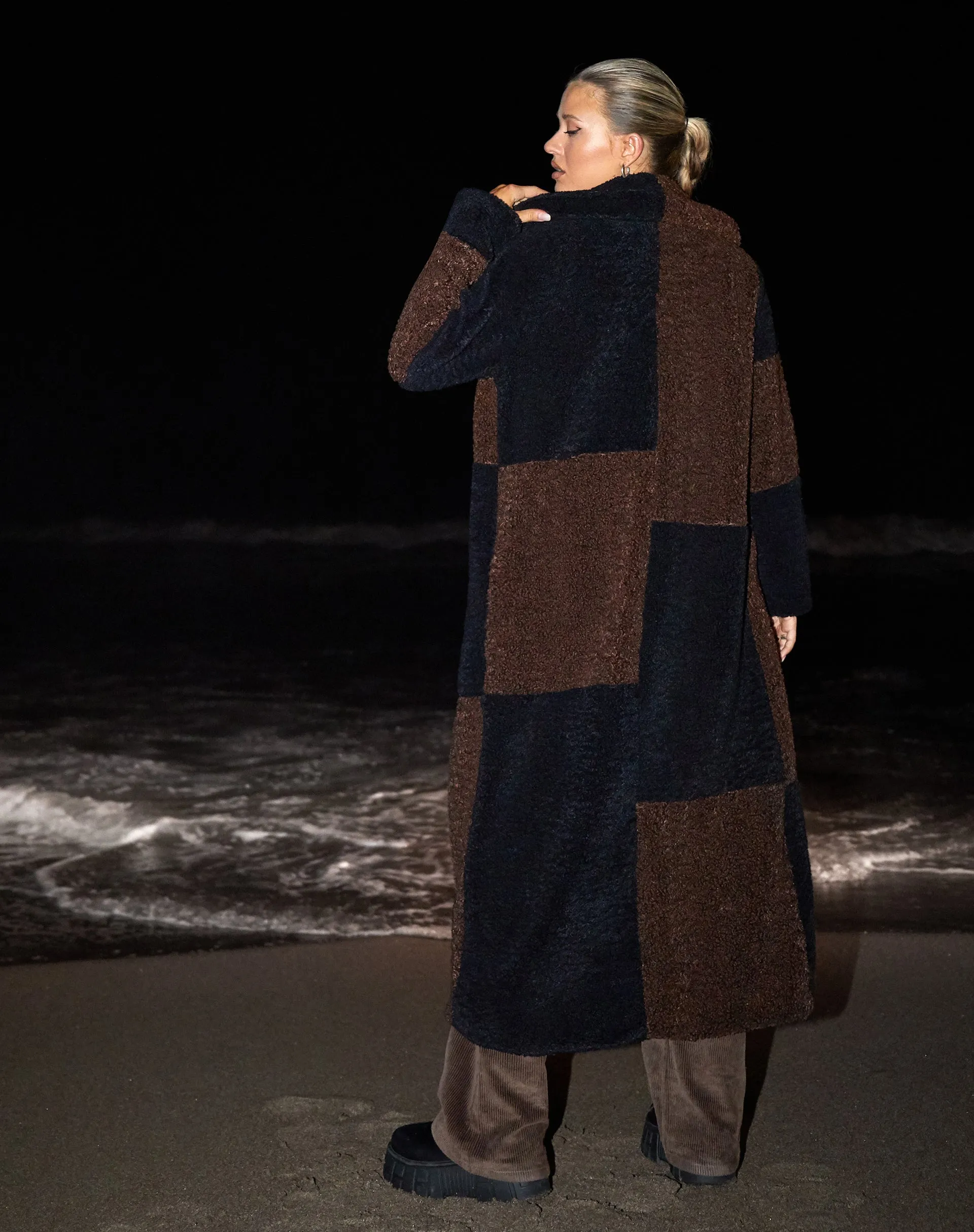 Humus Teddy Coat in Panelled Chocolate and Black