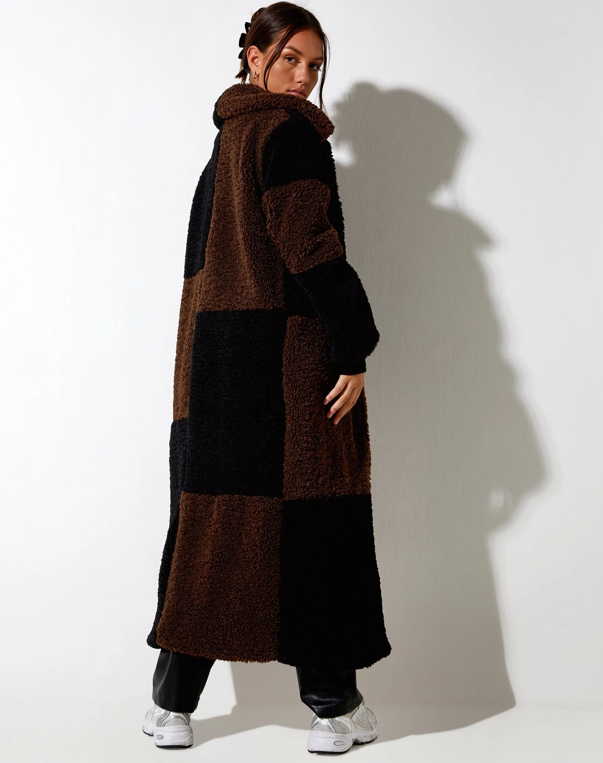 Humus Teddy Coat in Panelled Chocolate and Black