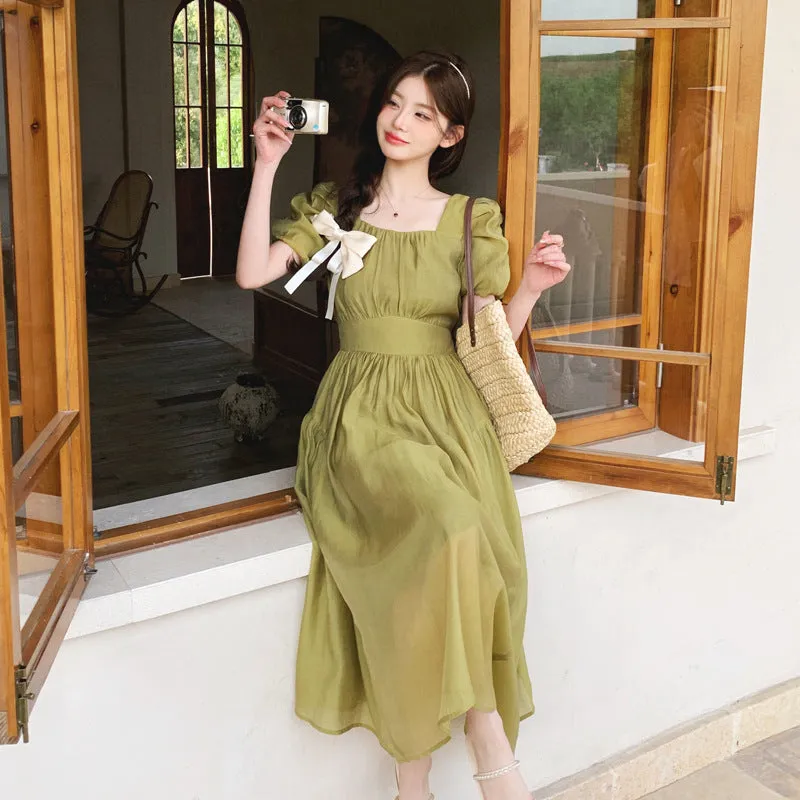 ikearlax Retro Tencel Dress Female  Summer New Elegant Slightly Mature Square Collar Puff Sleeve Slimming Long Dress