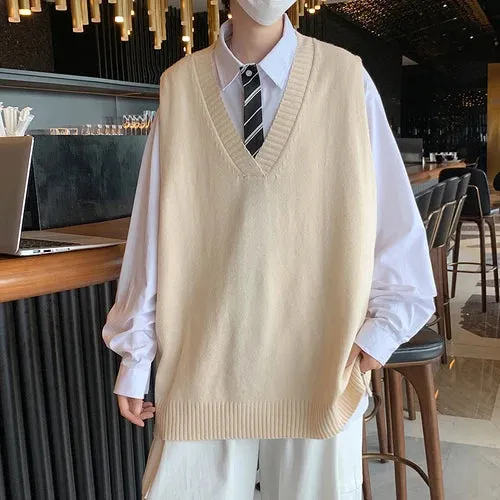 Ilooove Sweater Vest Men V-neck Loose All-match Solid Simple Korean Style College Couples Popular Spring New Soft Fashion Knitted Design