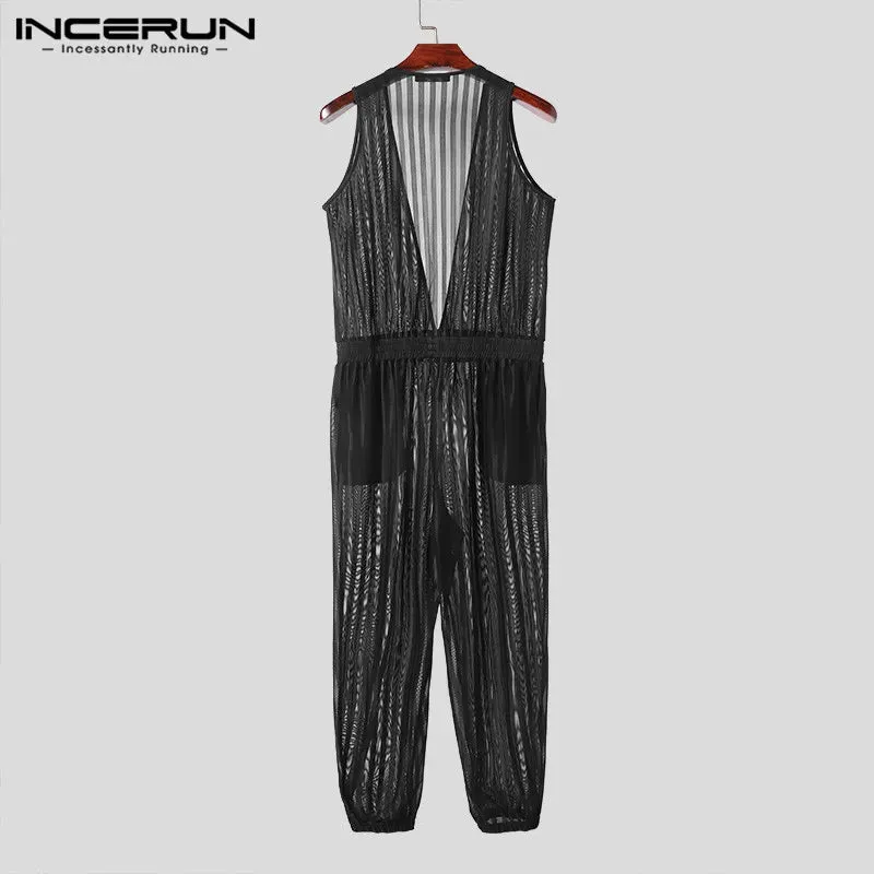 INCERUN 2024 American Style Jumpsuits Mens Striped Perspective Design Rompers Stylish Streetwear Hot Sale Deep V Jumpsuits S-5XL