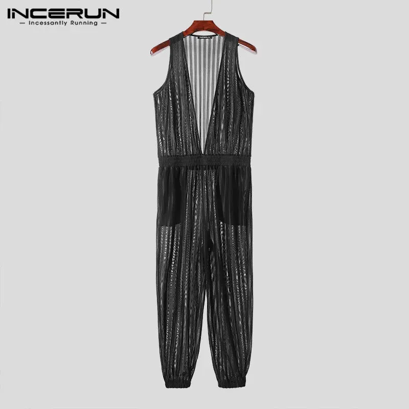 INCERUN 2024 American Style Jumpsuits Mens Striped Perspective Design Rompers Stylish Streetwear Hot Sale Deep V Jumpsuits S-5XL