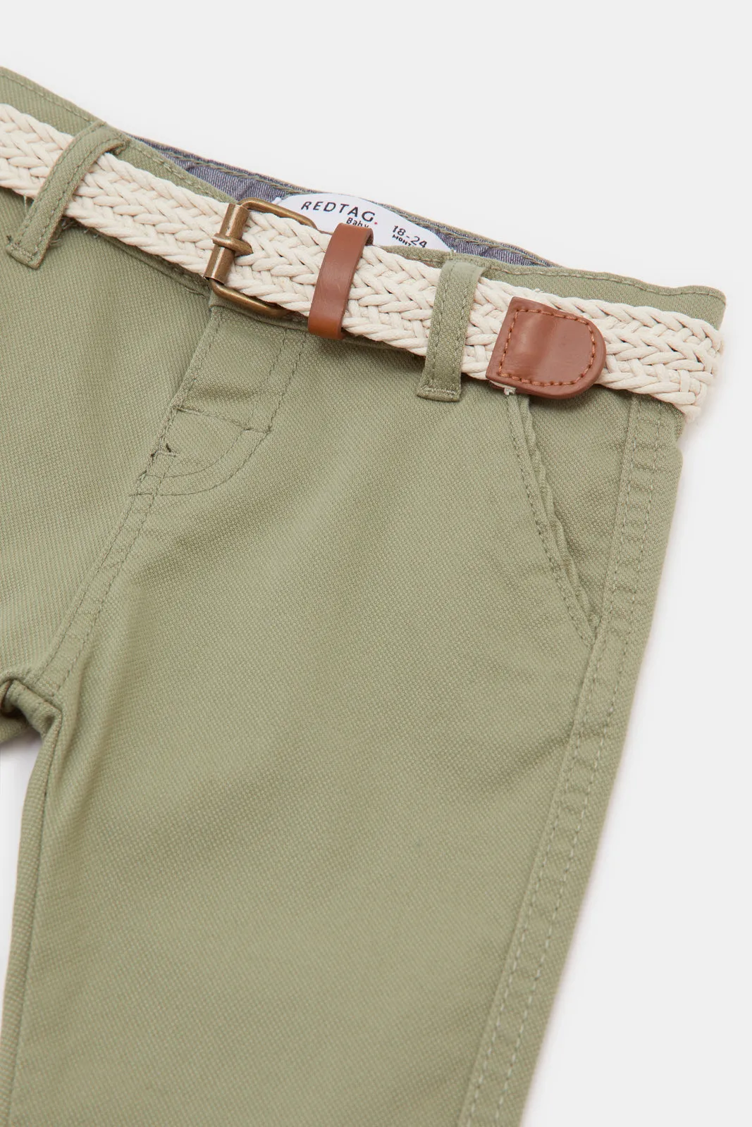 Infant Boys Green Plain Dobby Belted Chino