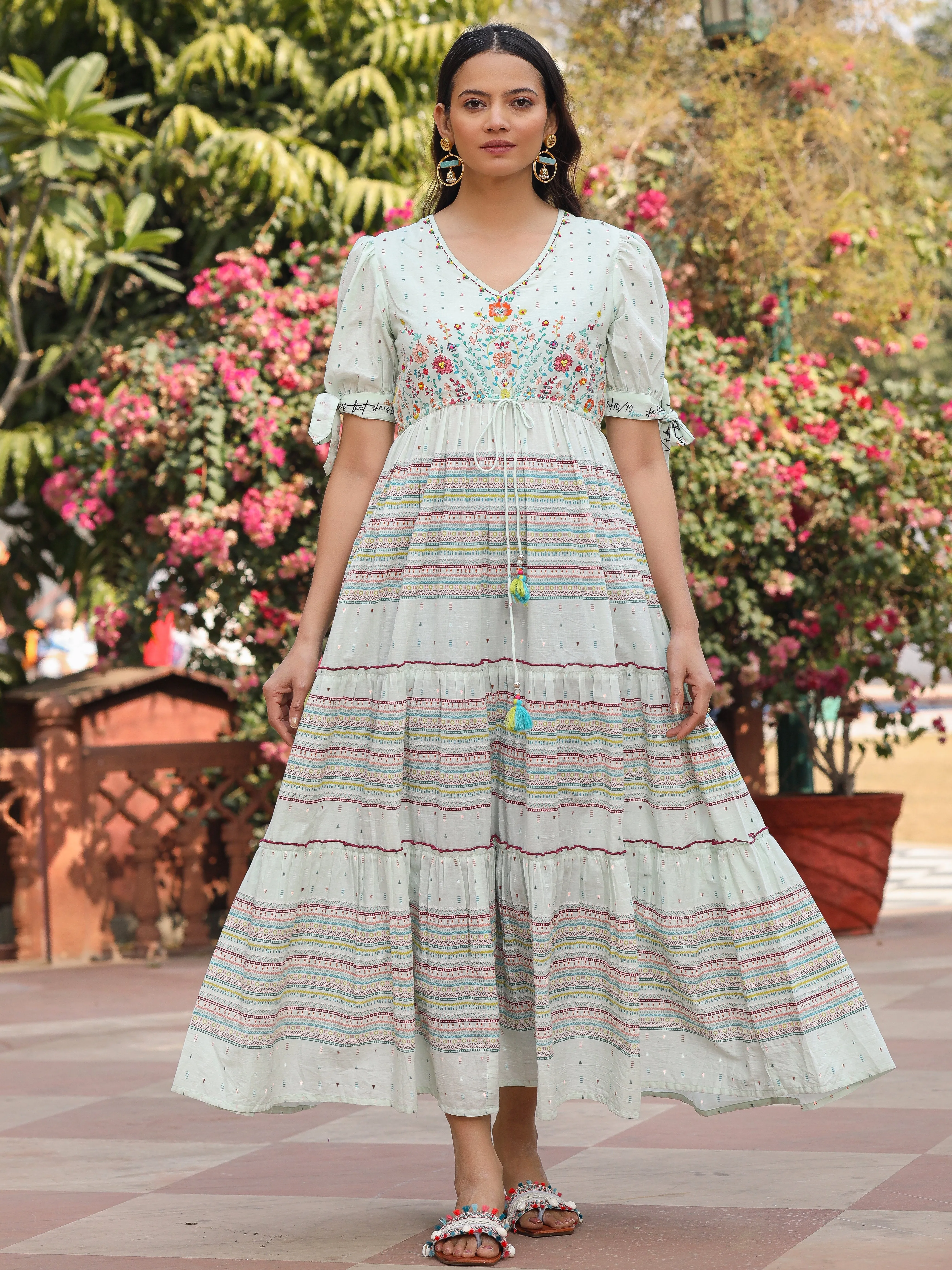 Jashvi Mint Wonderland Pure Cotton Floral Printed Maxi Dress With Beads Tassels Kantha & Contrast 3D Work