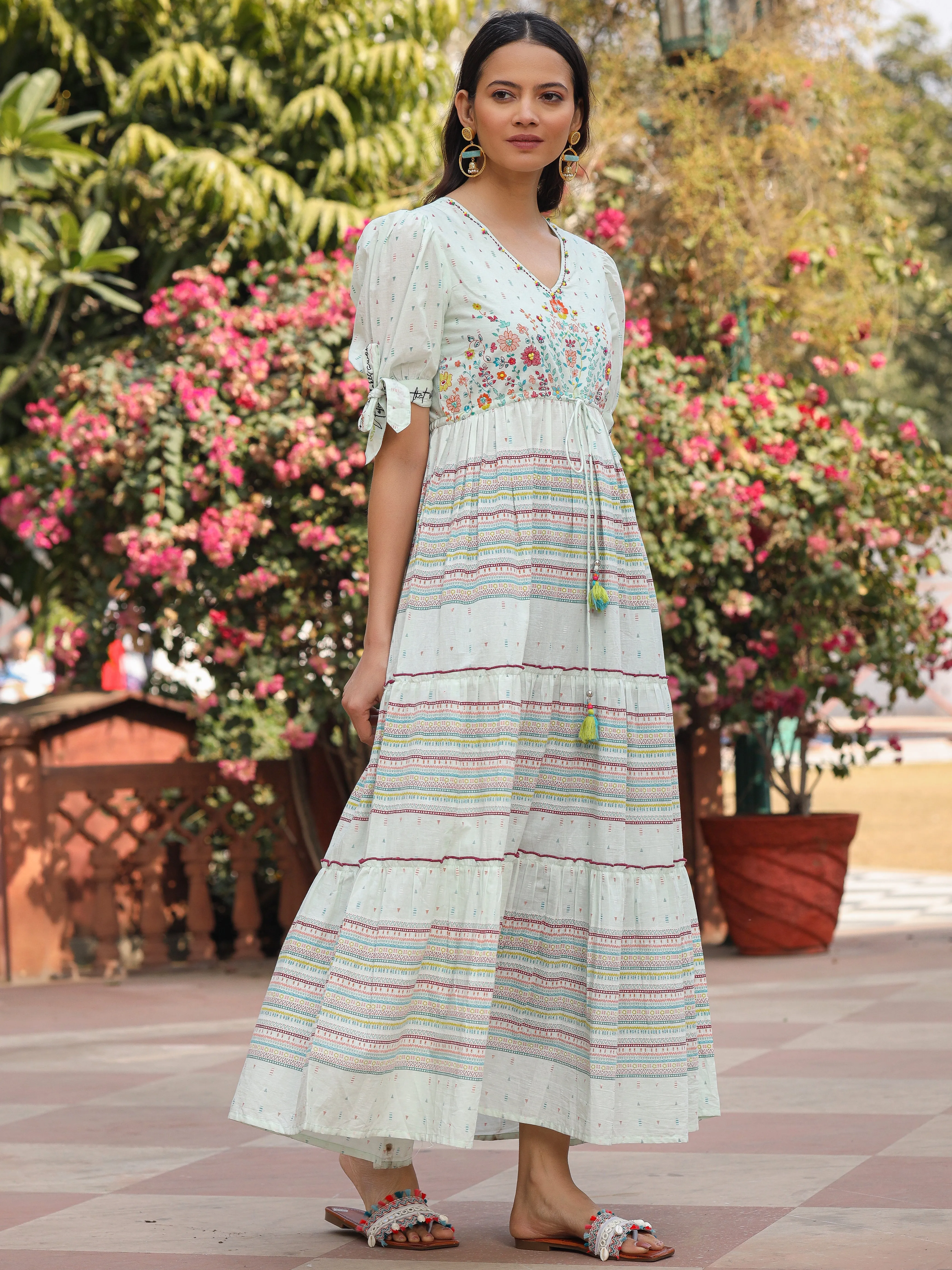 Jashvi Mint Wonderland Pure Cotton Floral Printed Maxi Dress With Beads Tassels Kantha & Contrast 3D Work