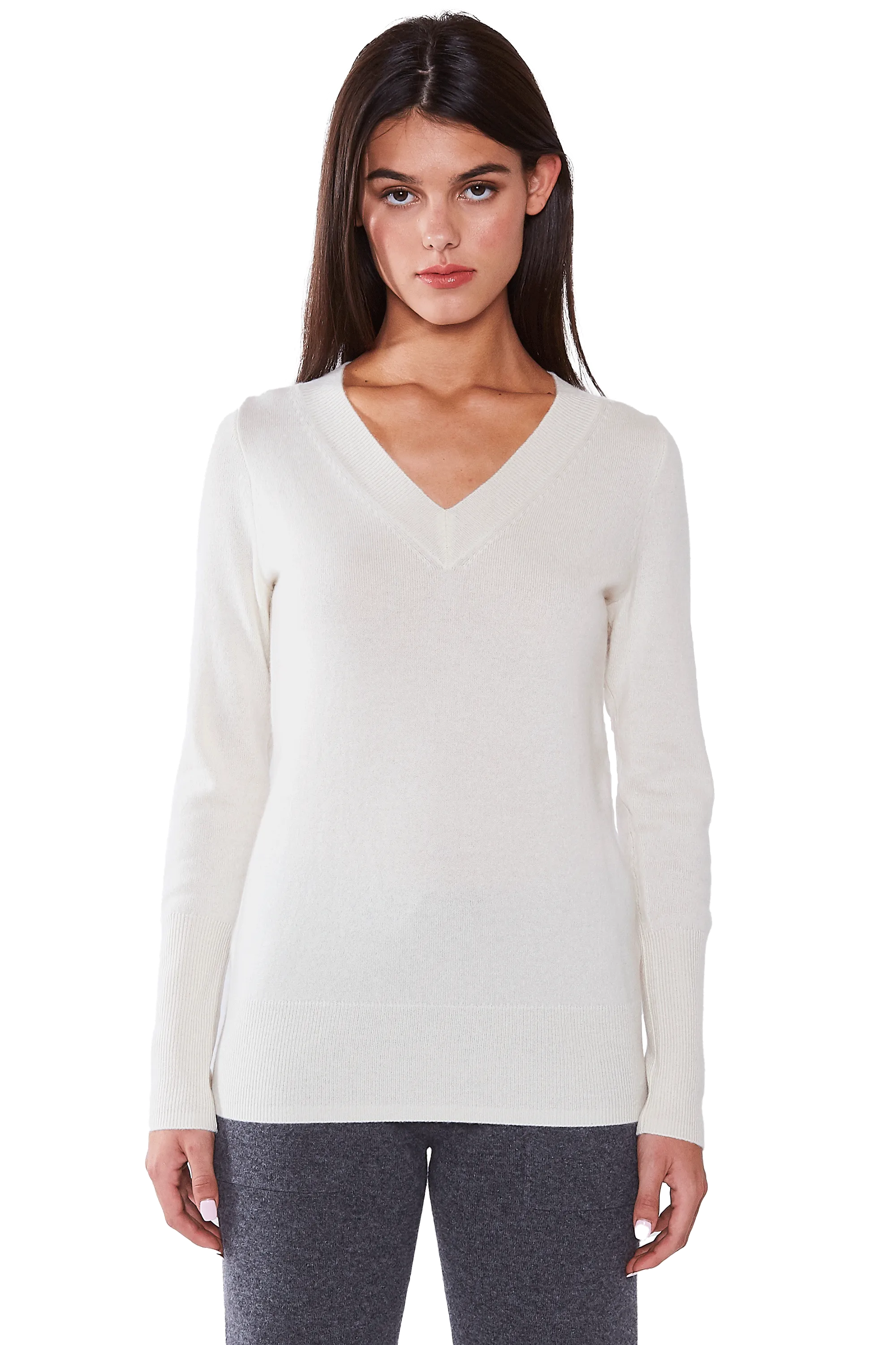 JENNIE LIU Women's 100% Pure Cashmere Long Sleeve Ava V Neck Pullover Sweater