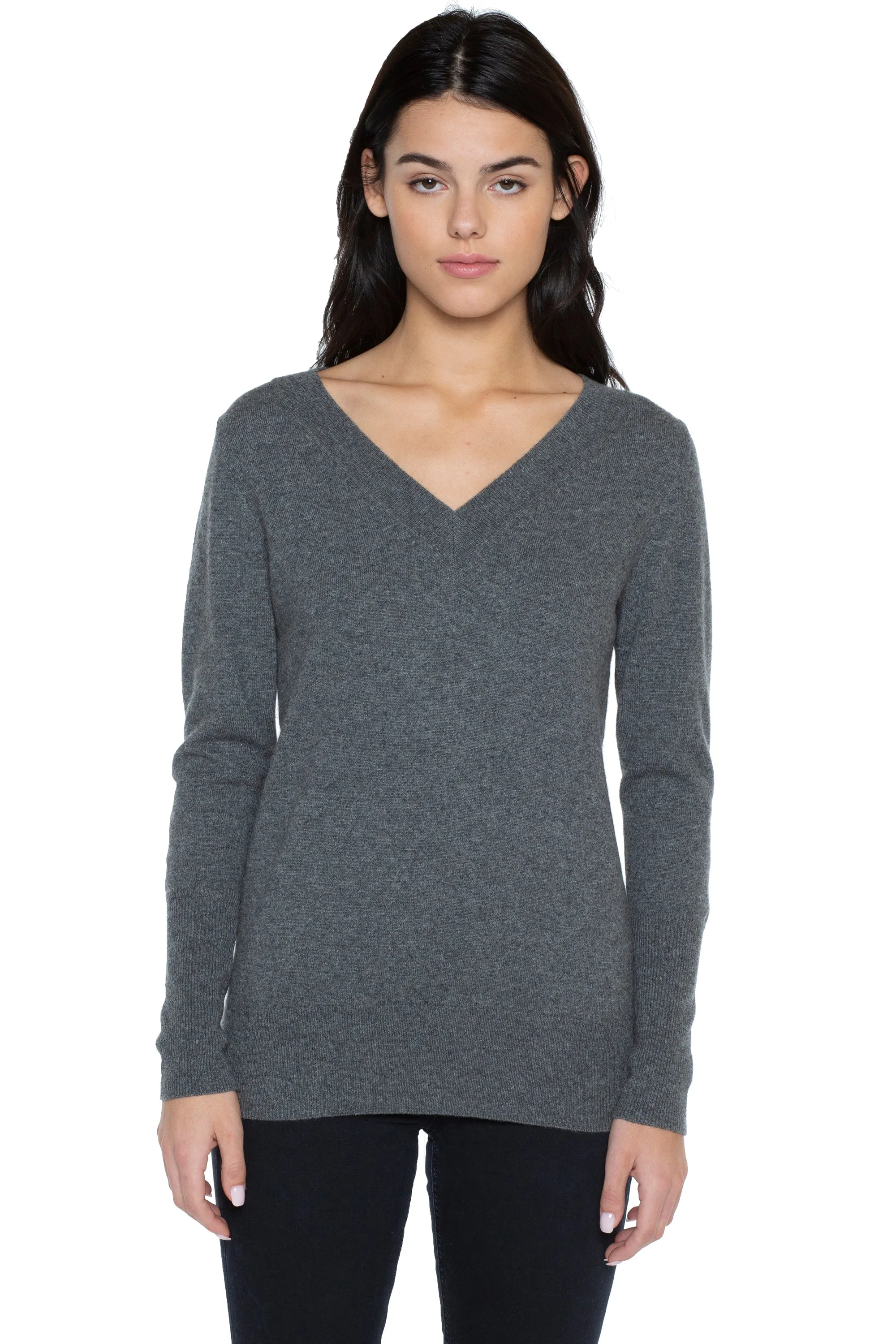 JENNIE LIU Women's 100% Pure Cashmere Long Sleeve Ava V Neck Pullover Sweater