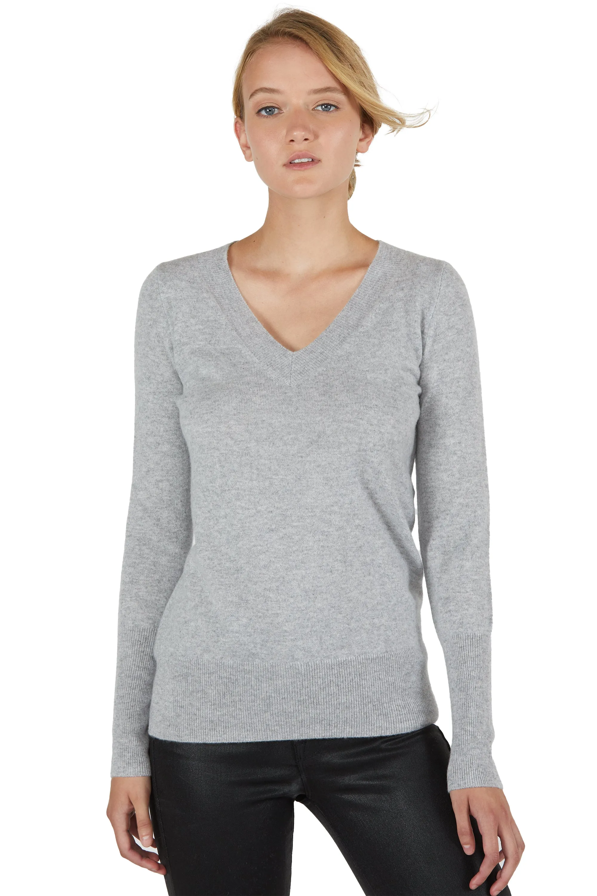 JENNIE LIU Women's 100% Pure Cashmere Long Sleeve Ava V Neck Pullover Sweater