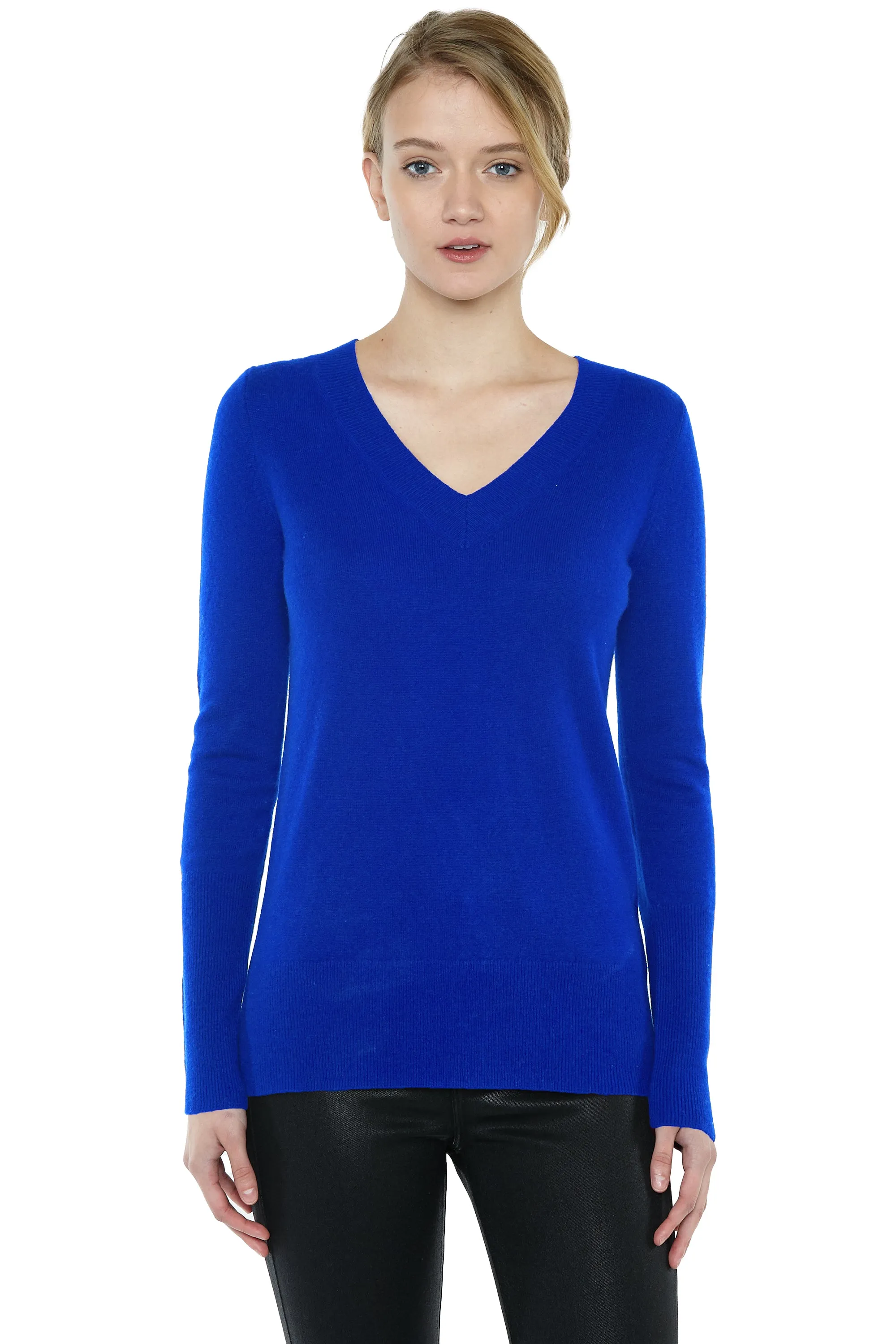 JENNIE LIU Women's 100% Pure Cashmere Long Sleeve Ava V Neck Pullover Sweater