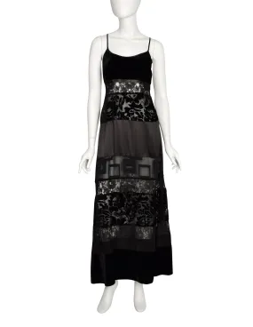 Katharine Hamnett Vintage 1993 Black Lace Satin Velvet Devore Maxi Slip Dress