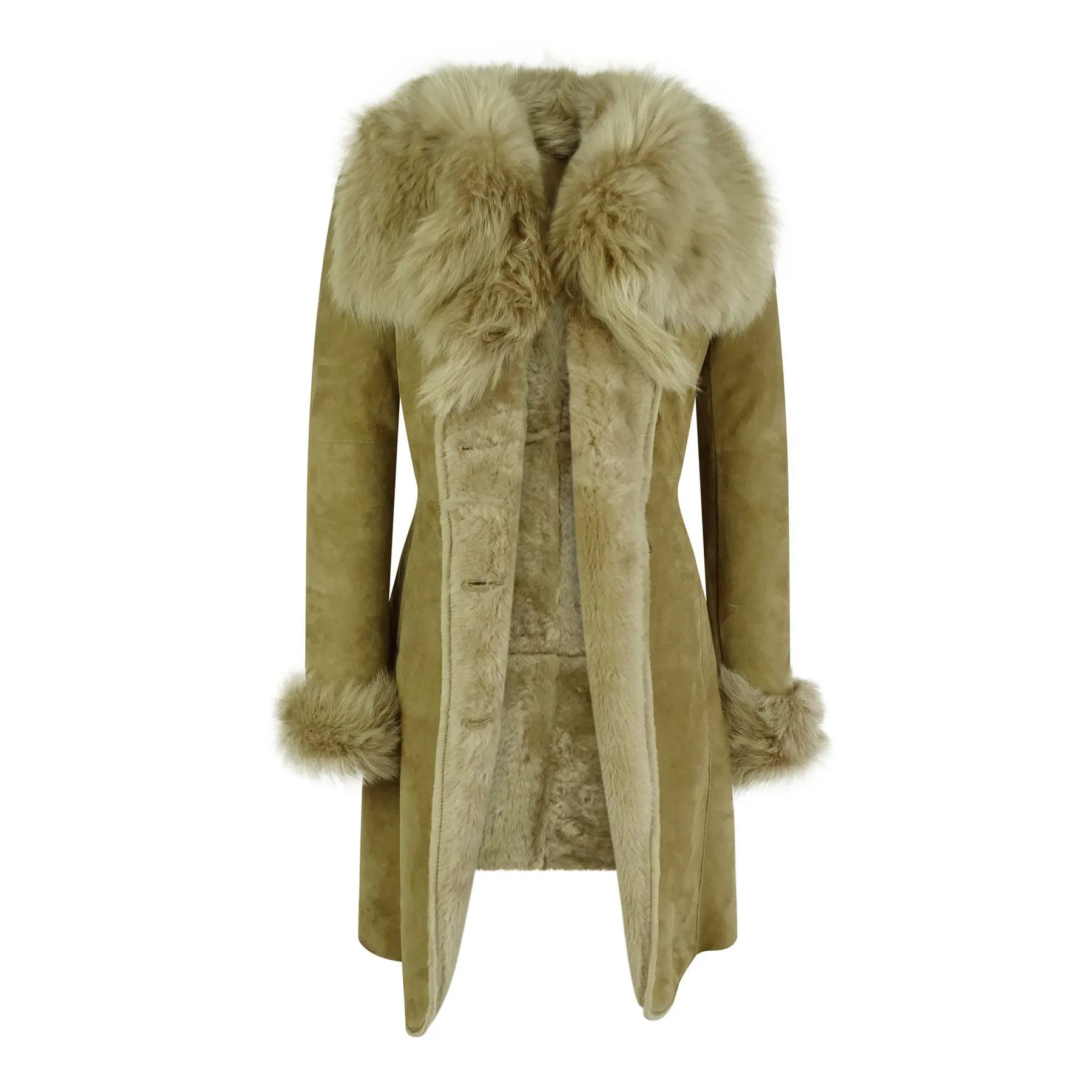 Ladies Real Sheepskin Jacket Suede Button Tailored Fit 3/4 Long Trench Coat Italian