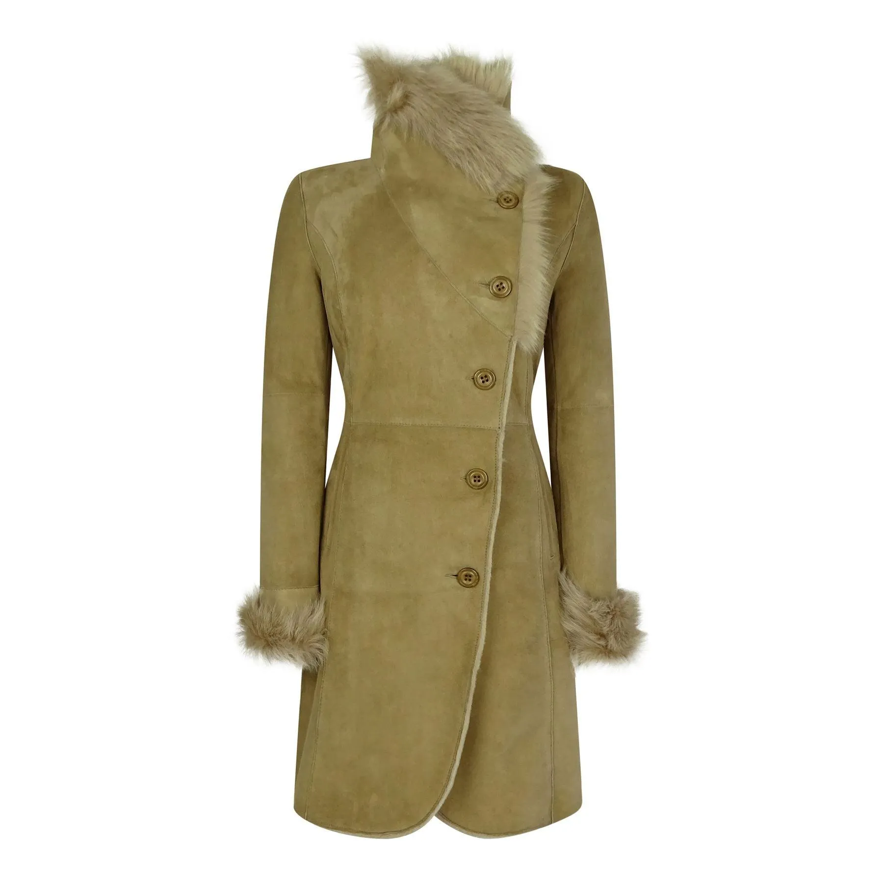 Ladies Real Sheepskin Jacket Suede Button Tailored Fit 3/4 Long Trench Coat Italian