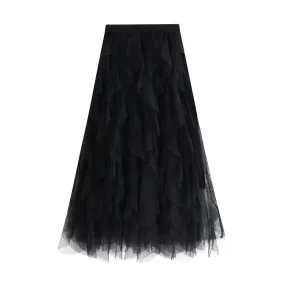 Layered Tulle Ruffle mesh Midi Skirt- Black