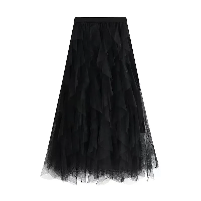 Layered Tulle Ruffle mesh Midi Skirt- Black