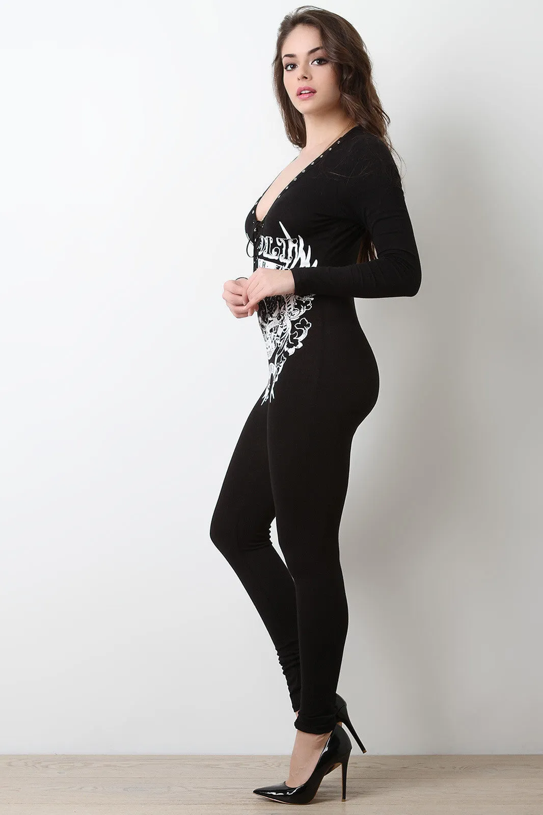 Lightweight Graphic Print Lace Up Jumpsuit