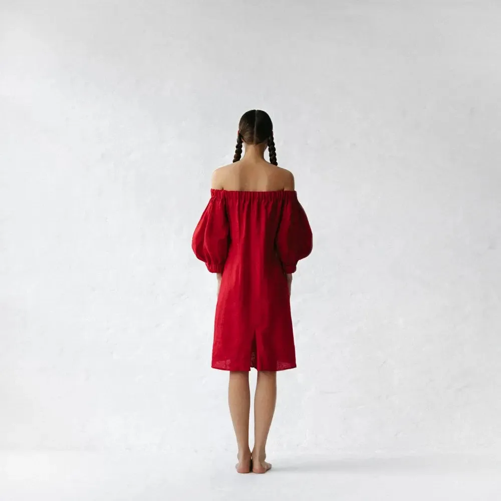 Linen off shoulder dress red by Seaside Tones