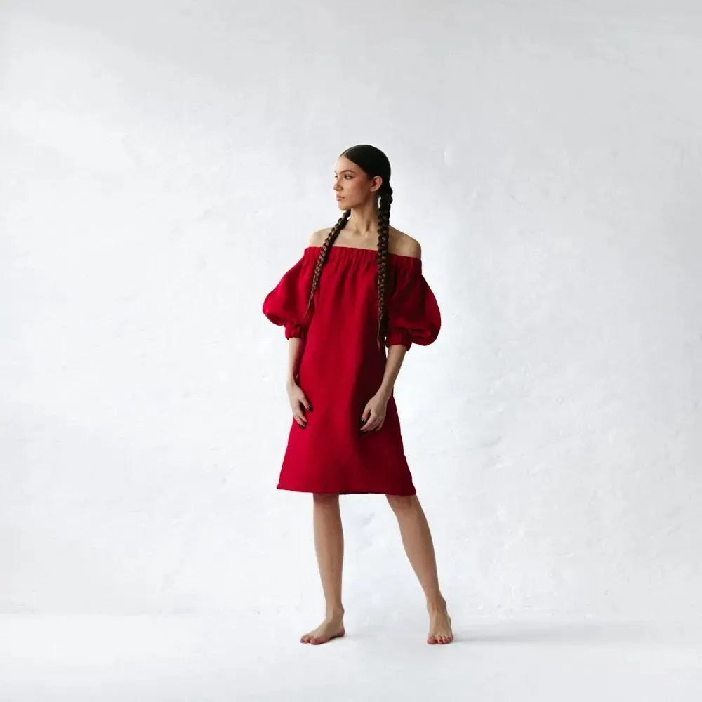 Linen off shoulder dress red by Seaside Tones